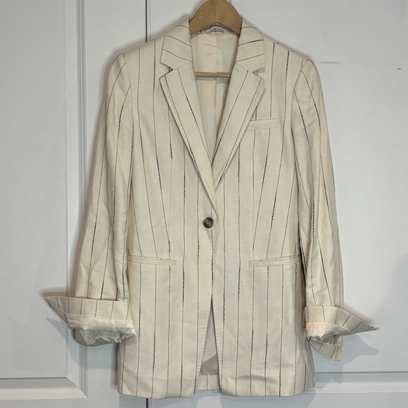 & Other Stories Ivory Black Stripe Linen Blend One Button Blazer 2 - Picture 1 of 12